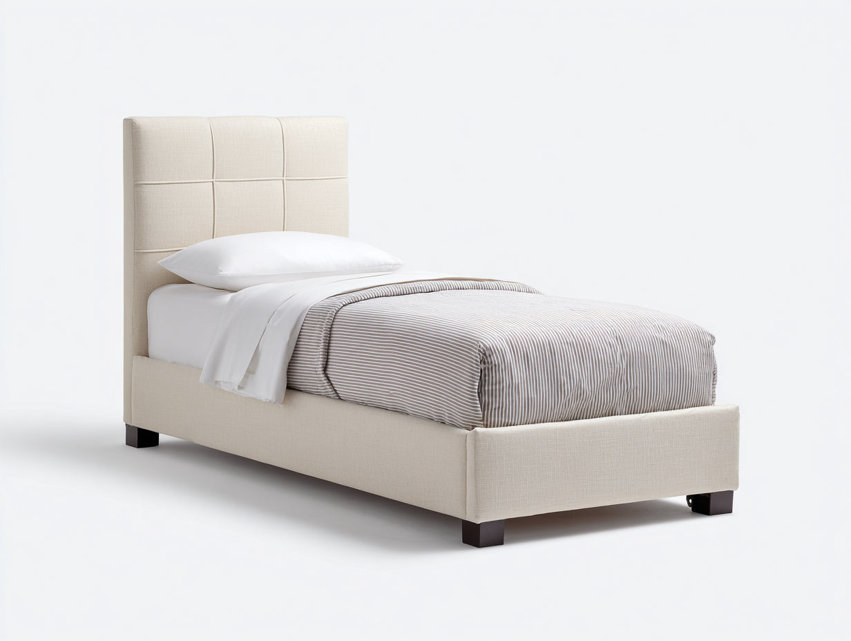 Letto singolo-Tessuto-Legno-213x105x119 cm-Crema-Marrone scuro-Stile contemporaneo minimalista
