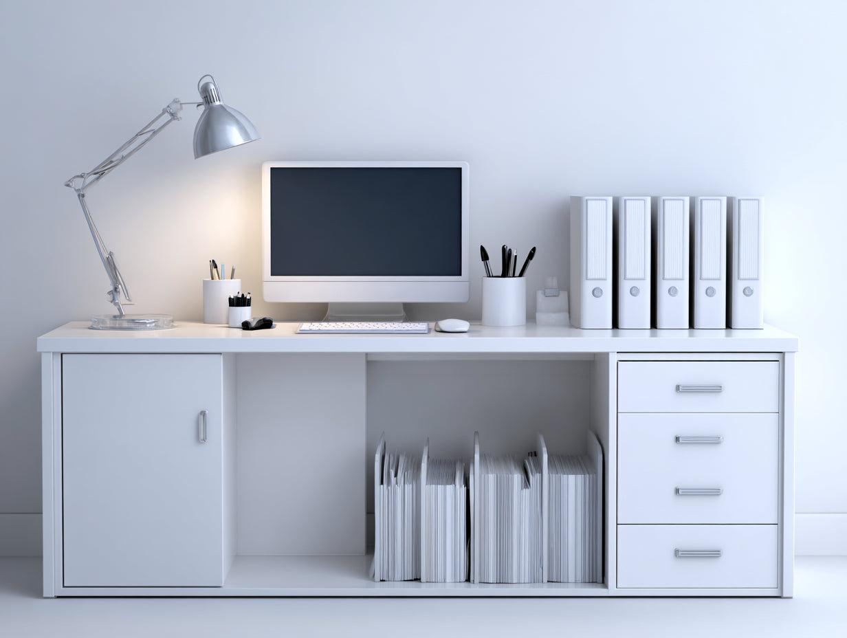 Scrivania-Legno ingegnerizzato-Metallo-178x62x76 cm-Bianco-Argento-Stile moderno con armadietto e cassetti