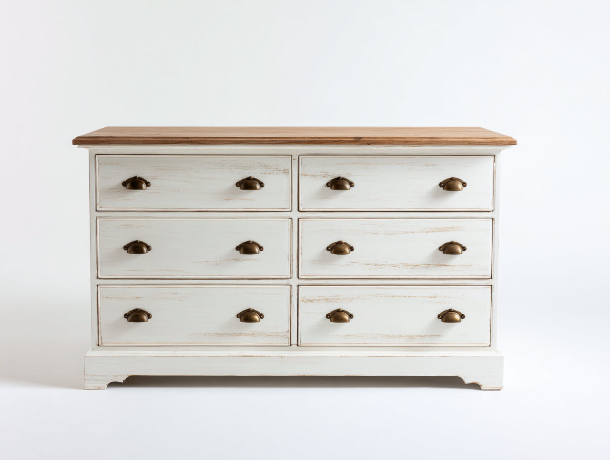 Cassettiera - Legno - 150 x 45 x 84 cm - Bianco anticato-Marrone miele - Shabby chic