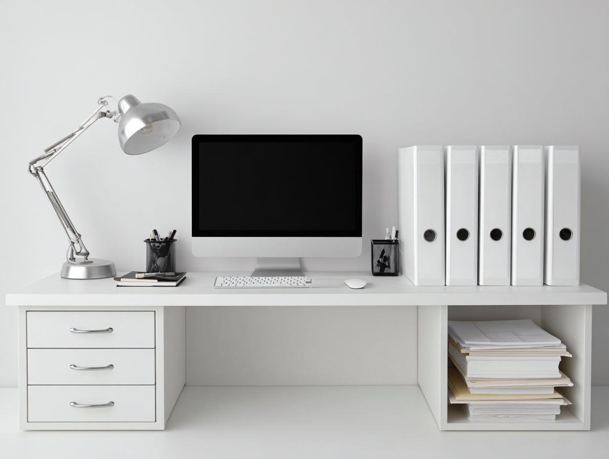 Scrivania-Legno ingegnerizzato-172x60x75 cm-Bianco-Argento-Stile moderno con cassetti e vano aperto