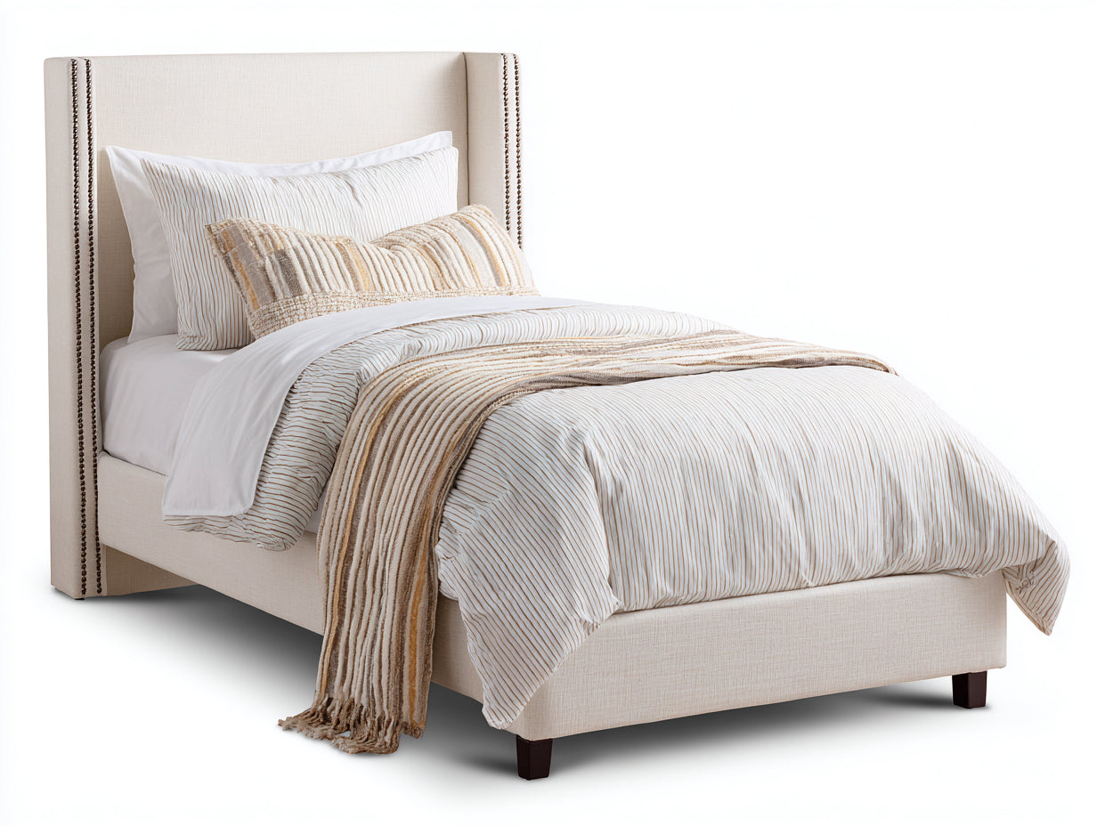 Letto singolo-Tessuto-Legno-Metallo-215x109x139 cm-Crema-Marrone scuro-Bronzo-Stile classico contemporaneo