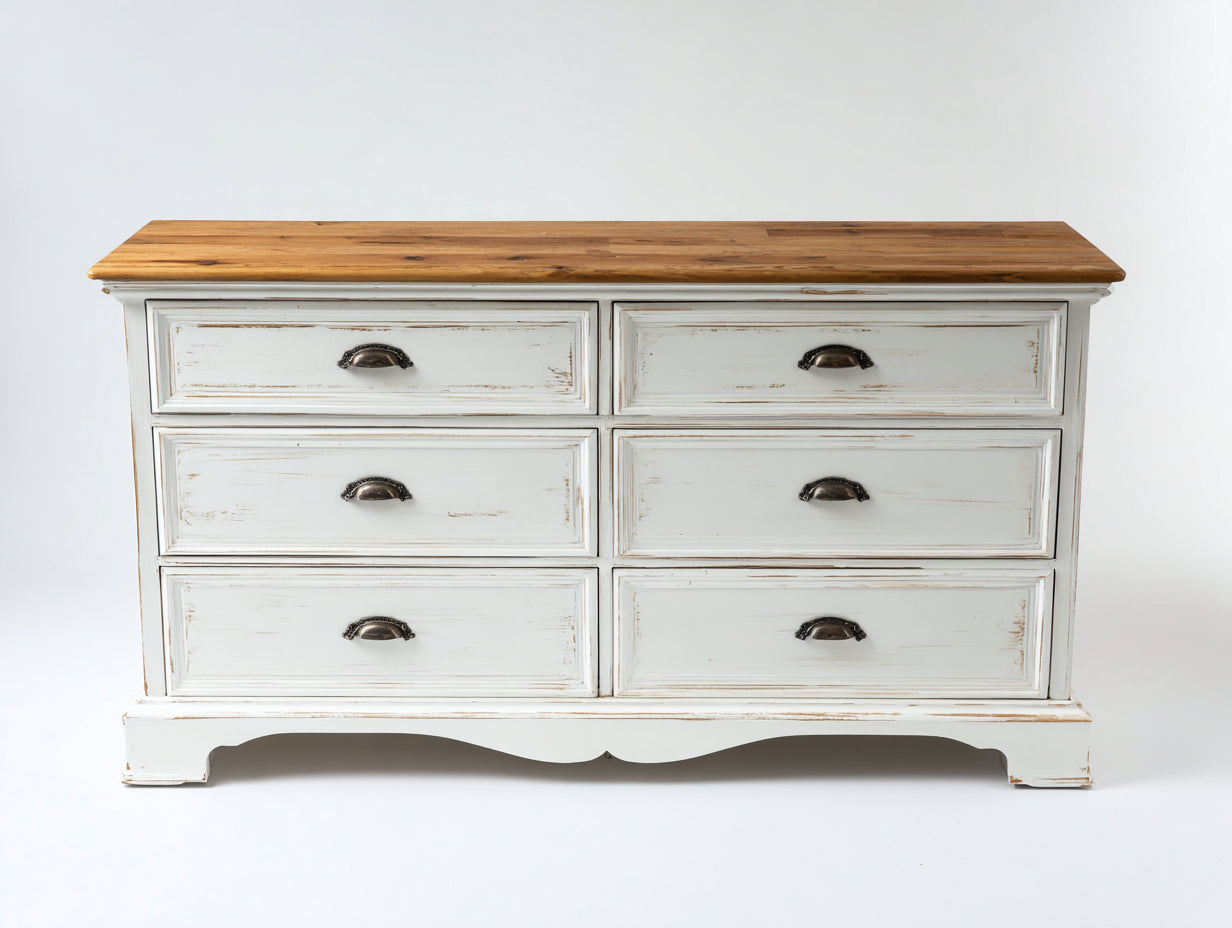 Cassettiera - Legno - 150 x 48 x 89 cm - Bianco anticato-Marrone naturale - Shabby chic