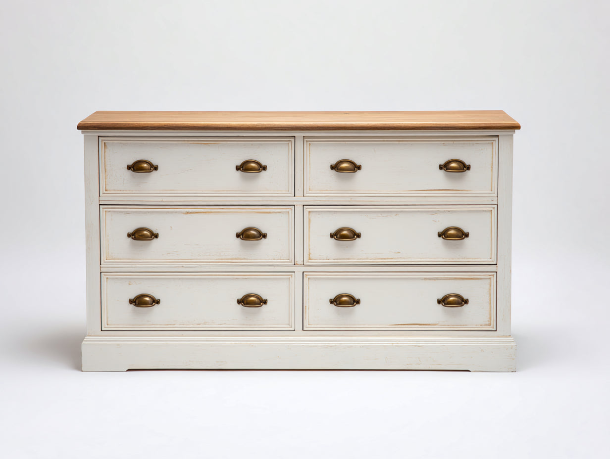 Cassettiera - Legno - 158 x 48 x 88 cm - Bianco anticato-Marrone naturale - Cottage classico