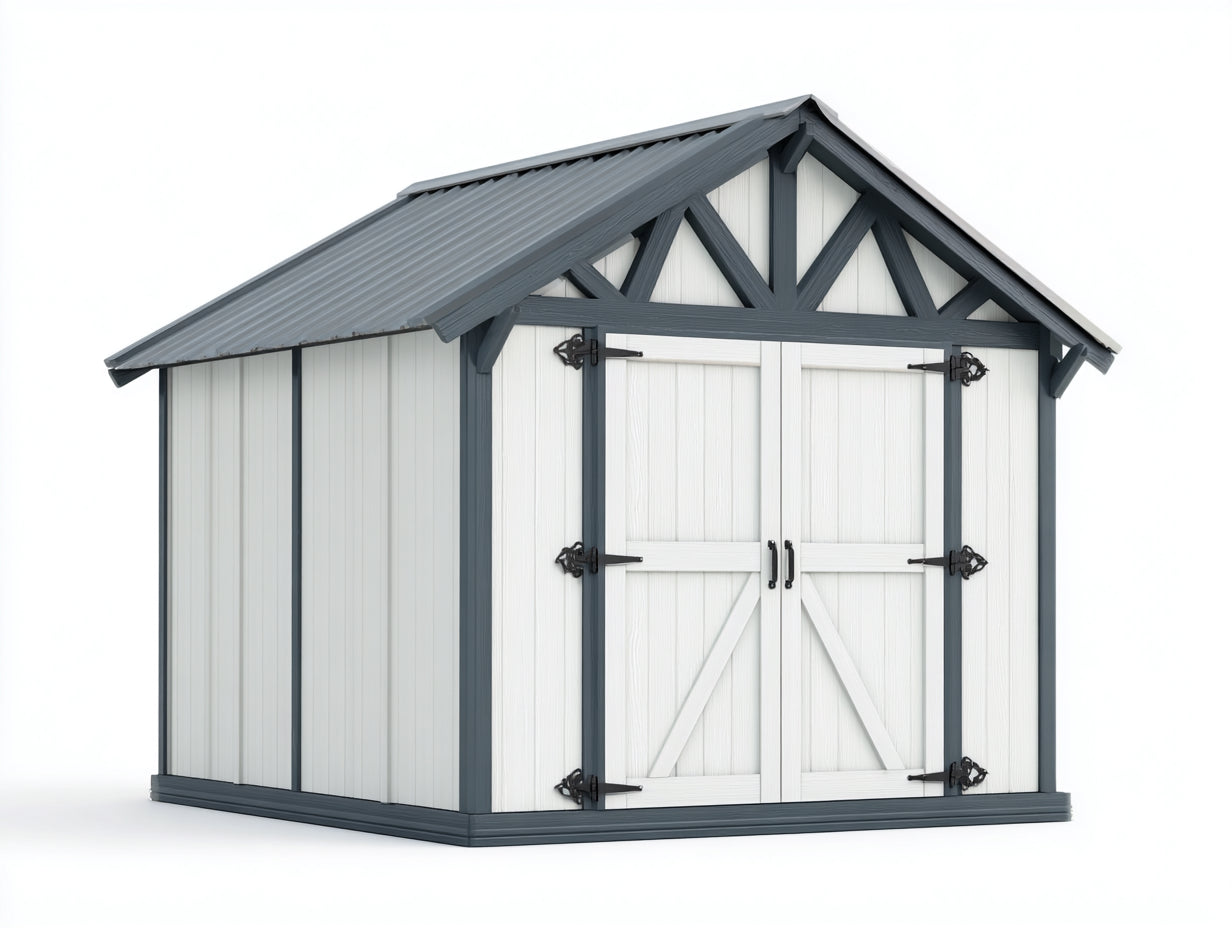 Casetta da giardino-Legno-242x188x226 cm-Bianco-Grigio antracite-Stile rustico con doppia porta e capriata decorativa