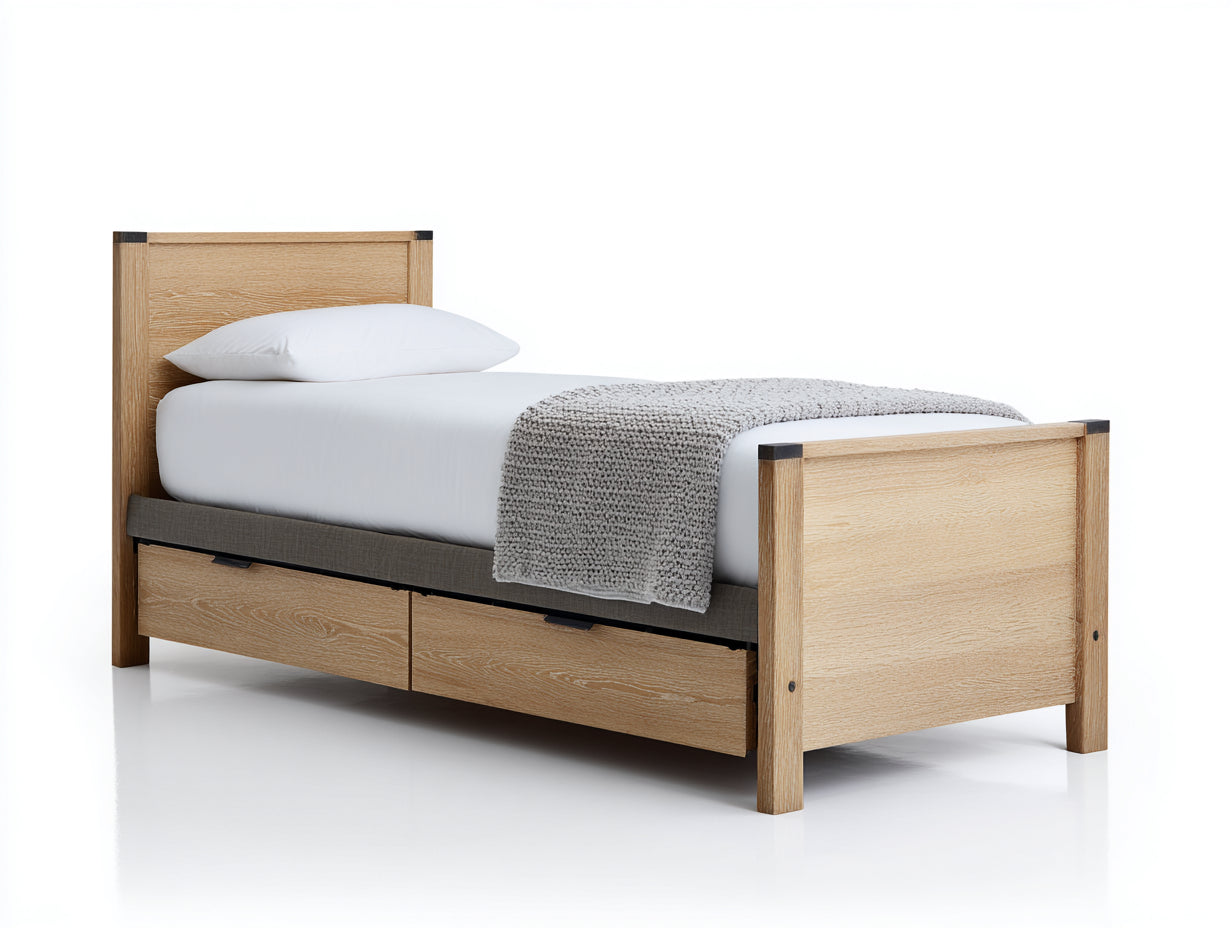 Letto singolo-Legno-Tessuto-211x103x107 cm-Rovere chiaro-Grigio tortora-Nero-Stile moderno industriale
