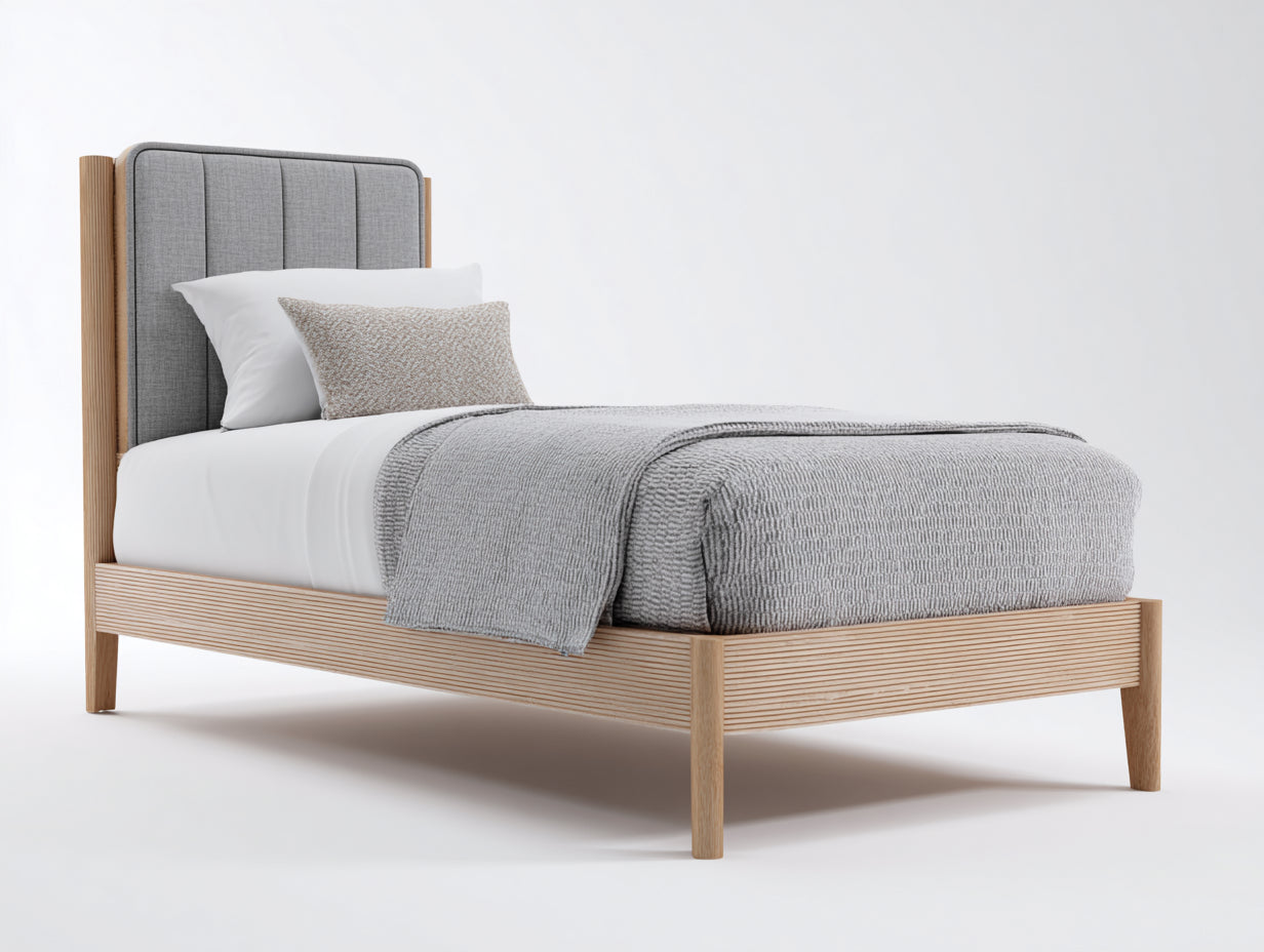 Letto singolo-Tessuto-Legno-210x103x111 cm-Grigio medio-Rovere naturale-Stile scandinavo contemporaneo