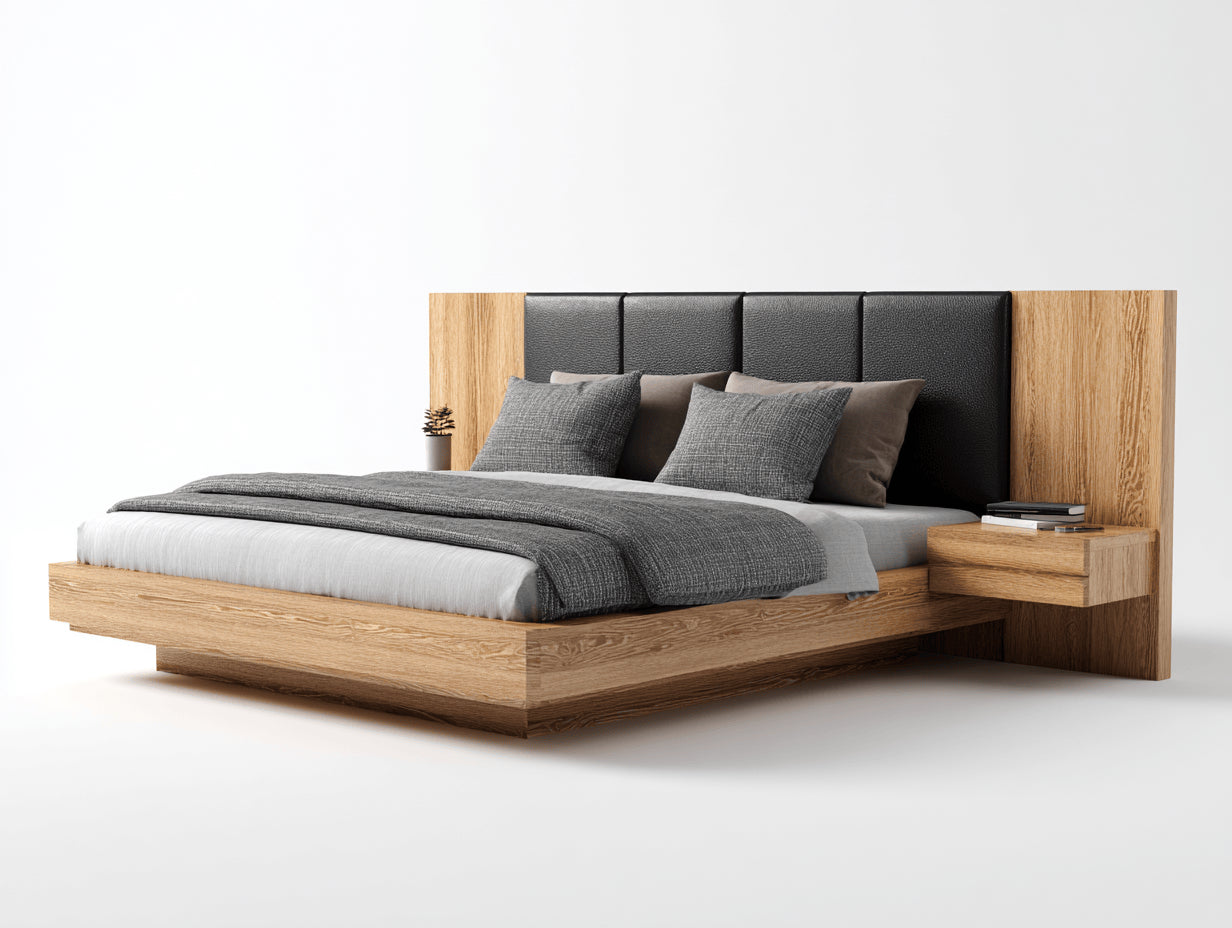 Letto matrimoniale - Legno-Pelle - 228x258x118 cm - Rovere naturale-Nero - Moderno sospeso