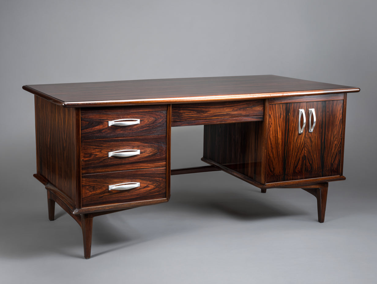 Scrivania-Legno-180x75x77 cm-Marrone scuro-Argento-Stile moderno di metà secolo con cassetti e armadietto
